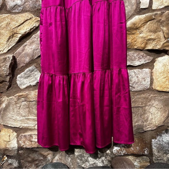 Natural Life Smocked Maxi Dress Satin Fuchsia Pink Size Small Tiered - Picture 3 of 8